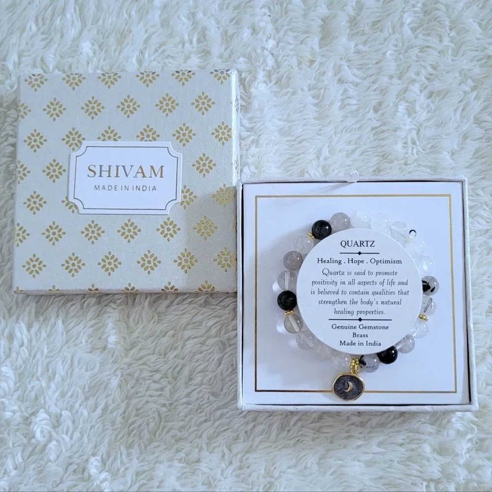 Shivam Mixed Quartz Stretch Bracelet with Crescent Moon🌙 Charm - NIB